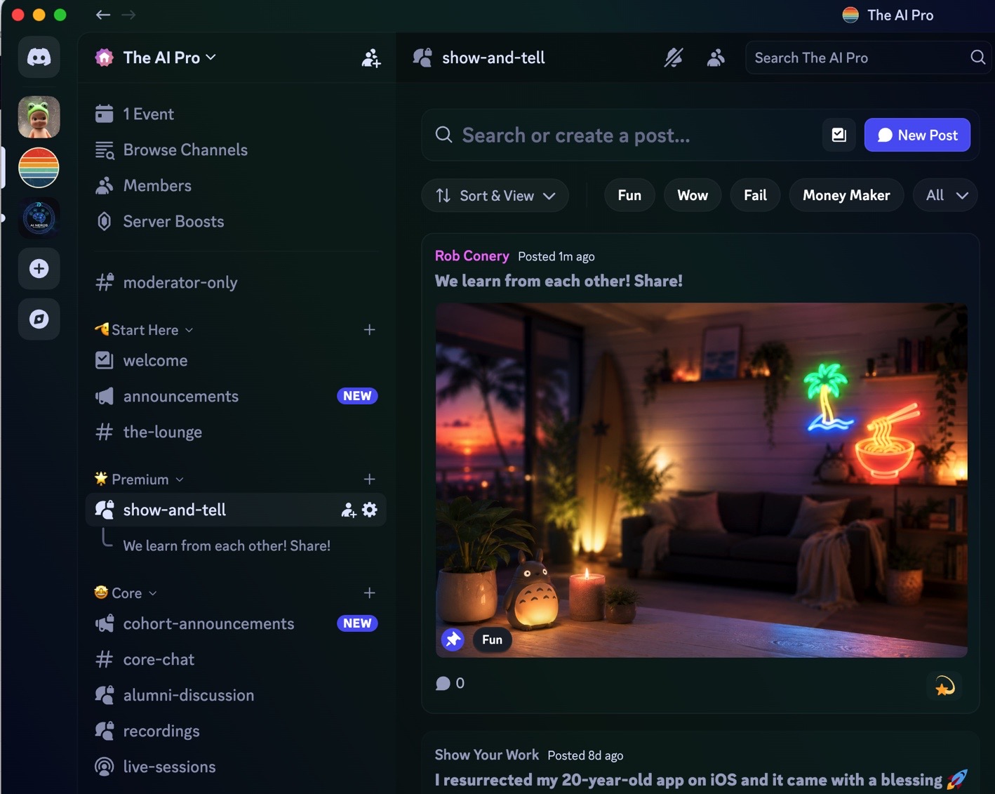 The Big Machine Discord: channel list down the left, a show-and-tell post open in the middle.